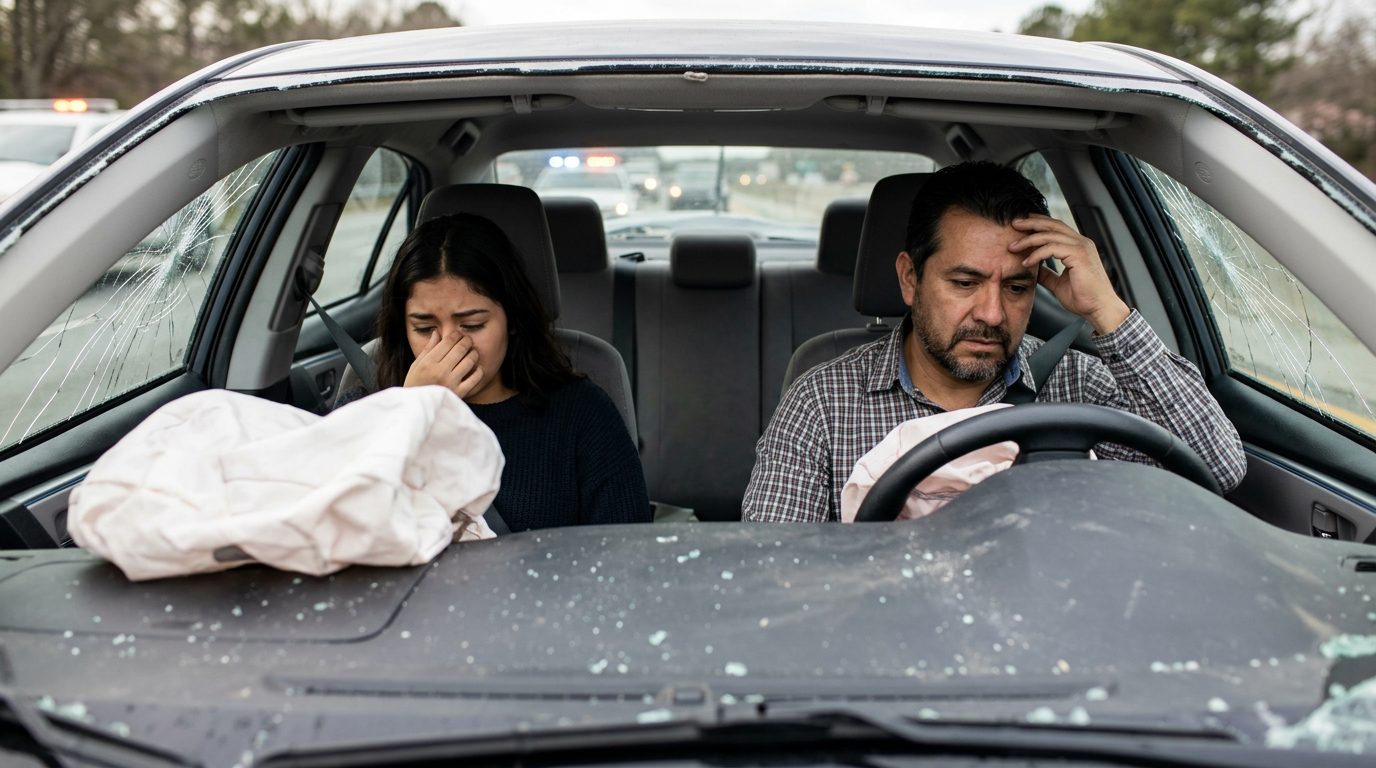 Interior de sedán dañado tras colisión con airbags desplegados y deformación estructural.
