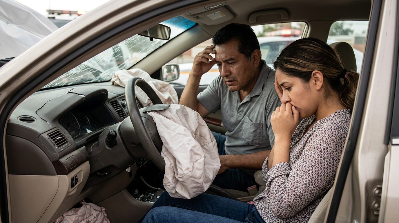 Interior de sedán dañado tras colisión con airbags desplegados y deformación estructural.