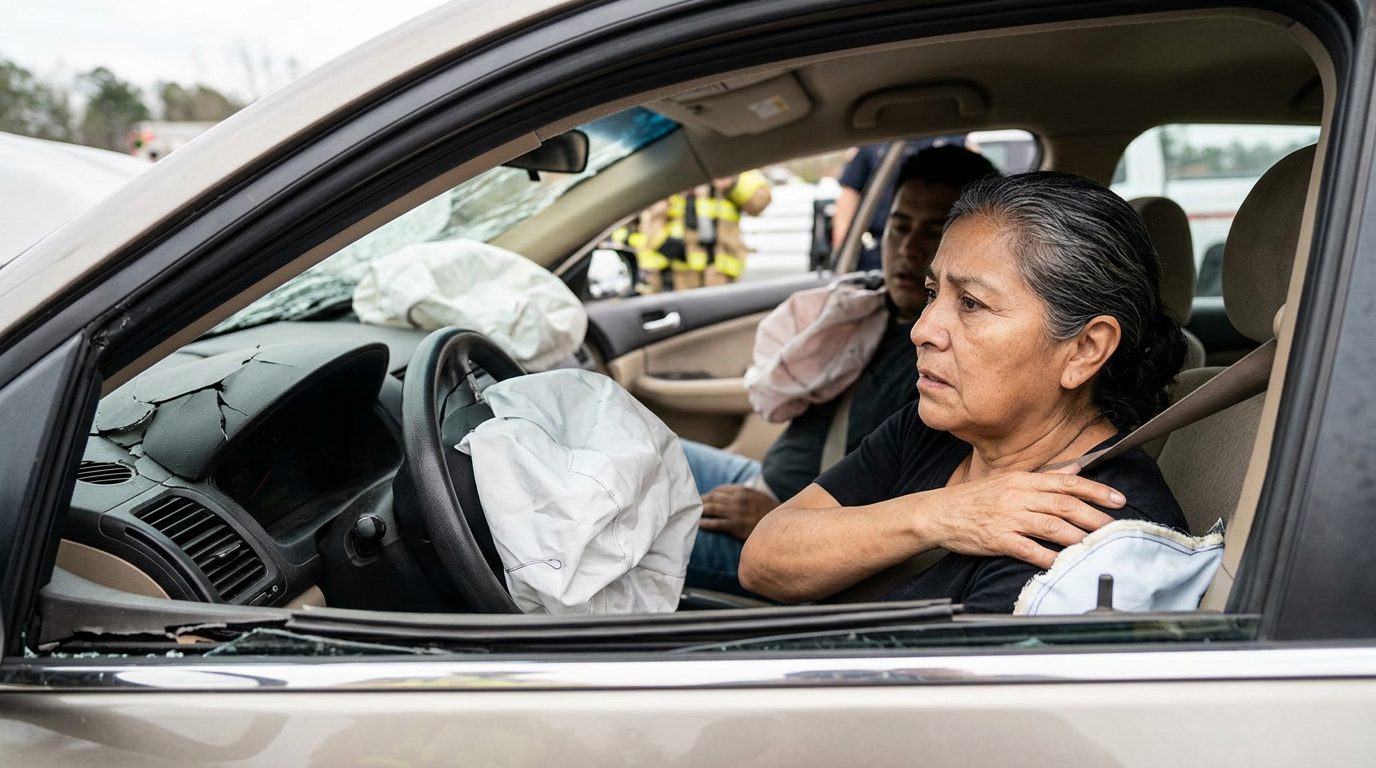 Interior de sedán dañado tras colisión con airbags desplegados y deformación estructural.