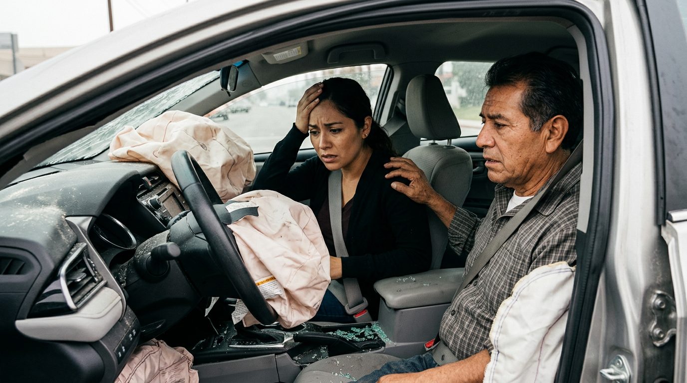 Interior de sedán dañado tras colisión con airbags desplegados y deformación estructural.