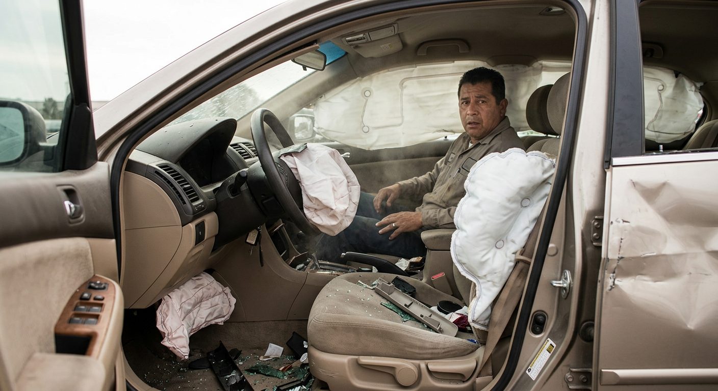 Interior de sedán dañado tras colisión con airbags desplegados y deformación estructural.