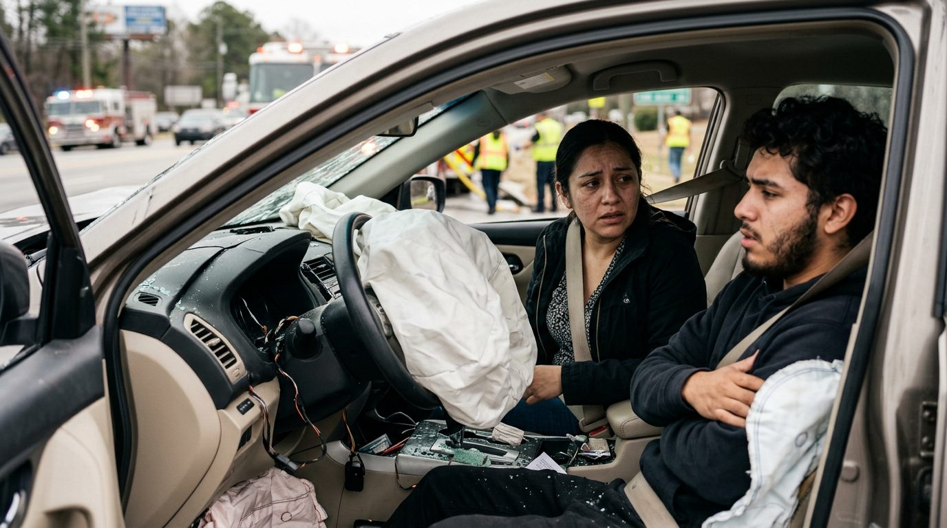 Interior de sedán dañado tras colisión con airbags desplegados y deformación estructural.
