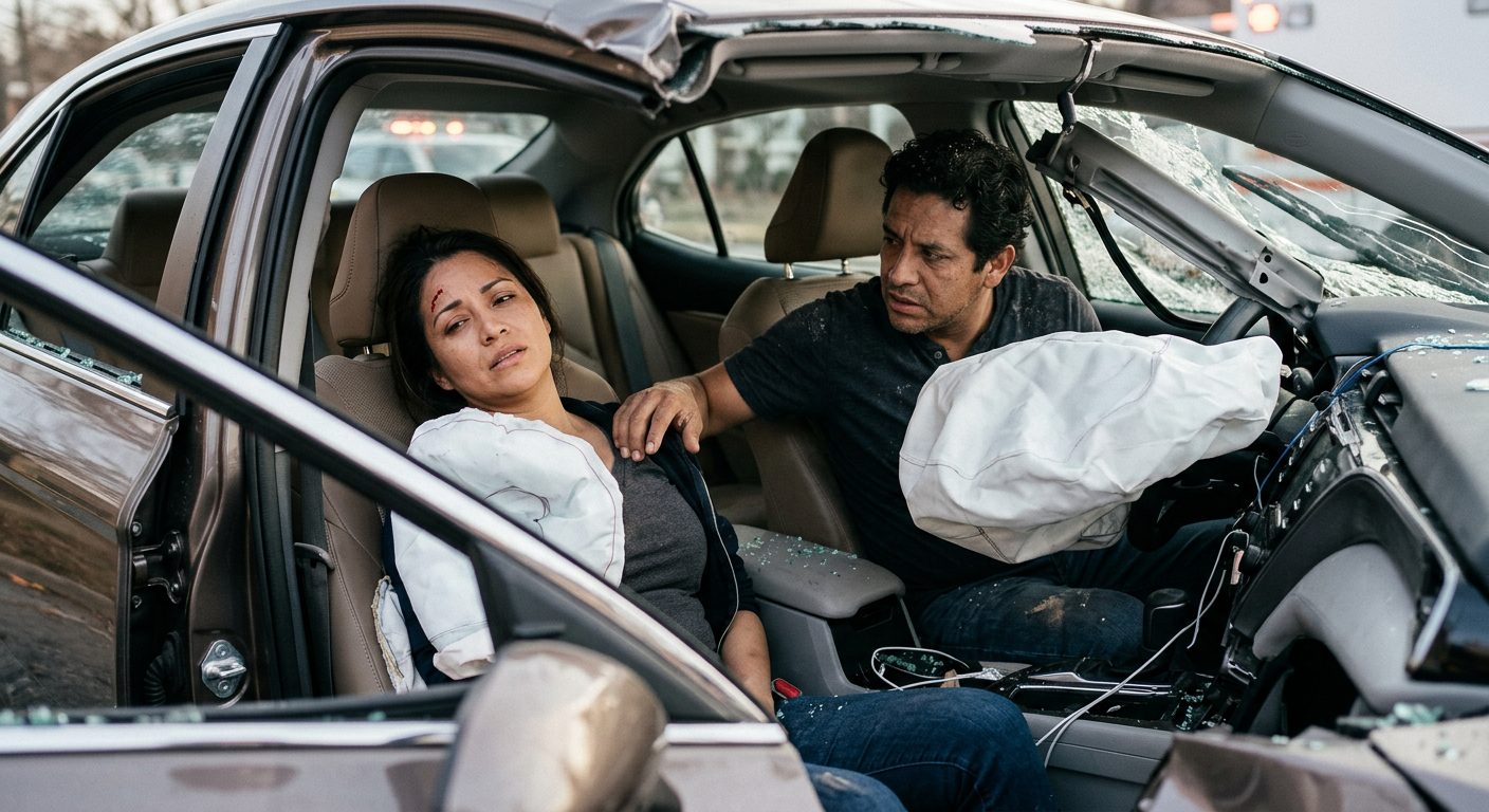 Interior de sedán dañado tras colisión con airbags desplegados y deformación estructural.