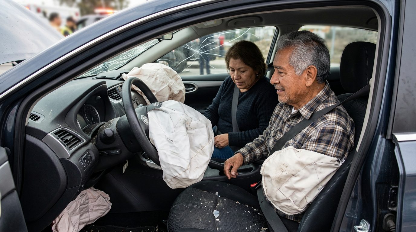 Interiores de un sedán dañado tras colisión con airbags desplegados y deformación estructural.