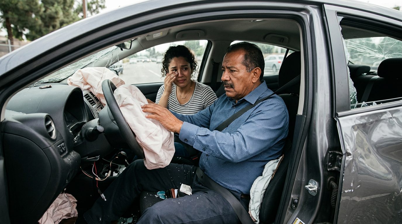 Interiores de un sedán dañado tras colisión con airbags desplegados.