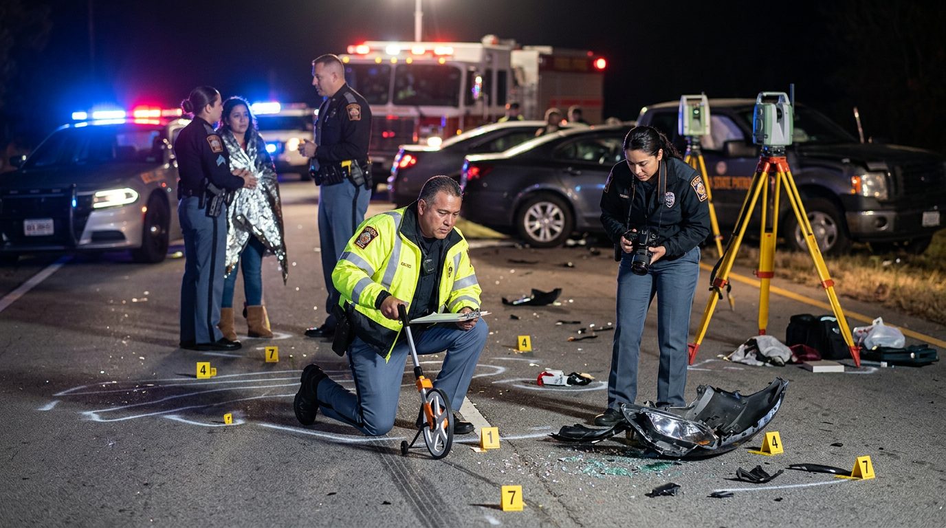 Investigación de accidente en carretera nocturna con policías, equipo de reconstrucción y escombros marcados.