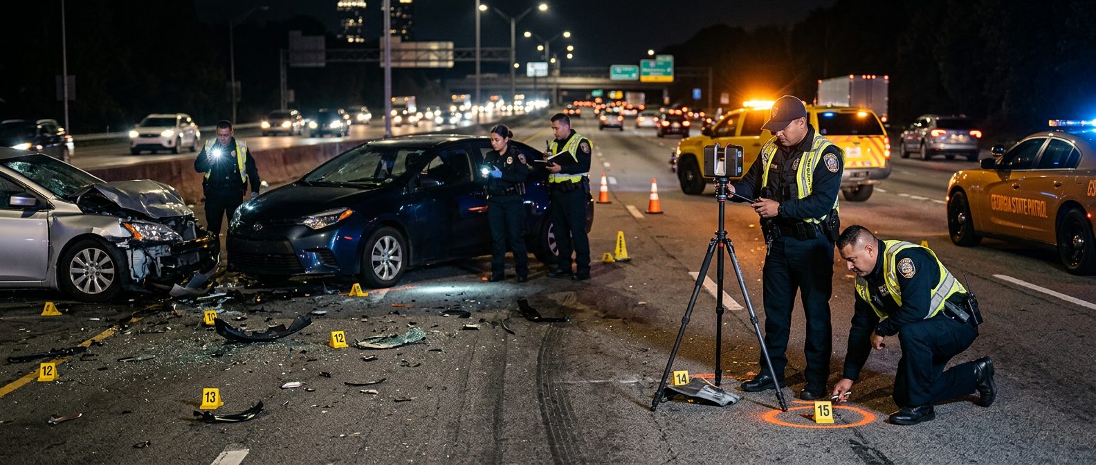 Investigación de accidente vehicular nocturna con oficiales de policía y equipo de reconstrucción.