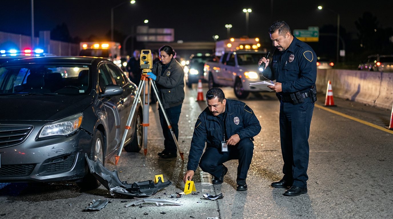 Investigación de accidente vehicular nocturna con oficiales de policía y equipo de reconstrucción.