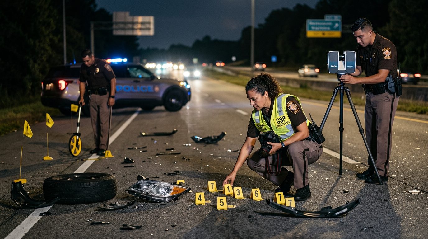 Investigación de accidente vehicular nocturna con policías, equipo de reconstrucción y escombros marcados.
