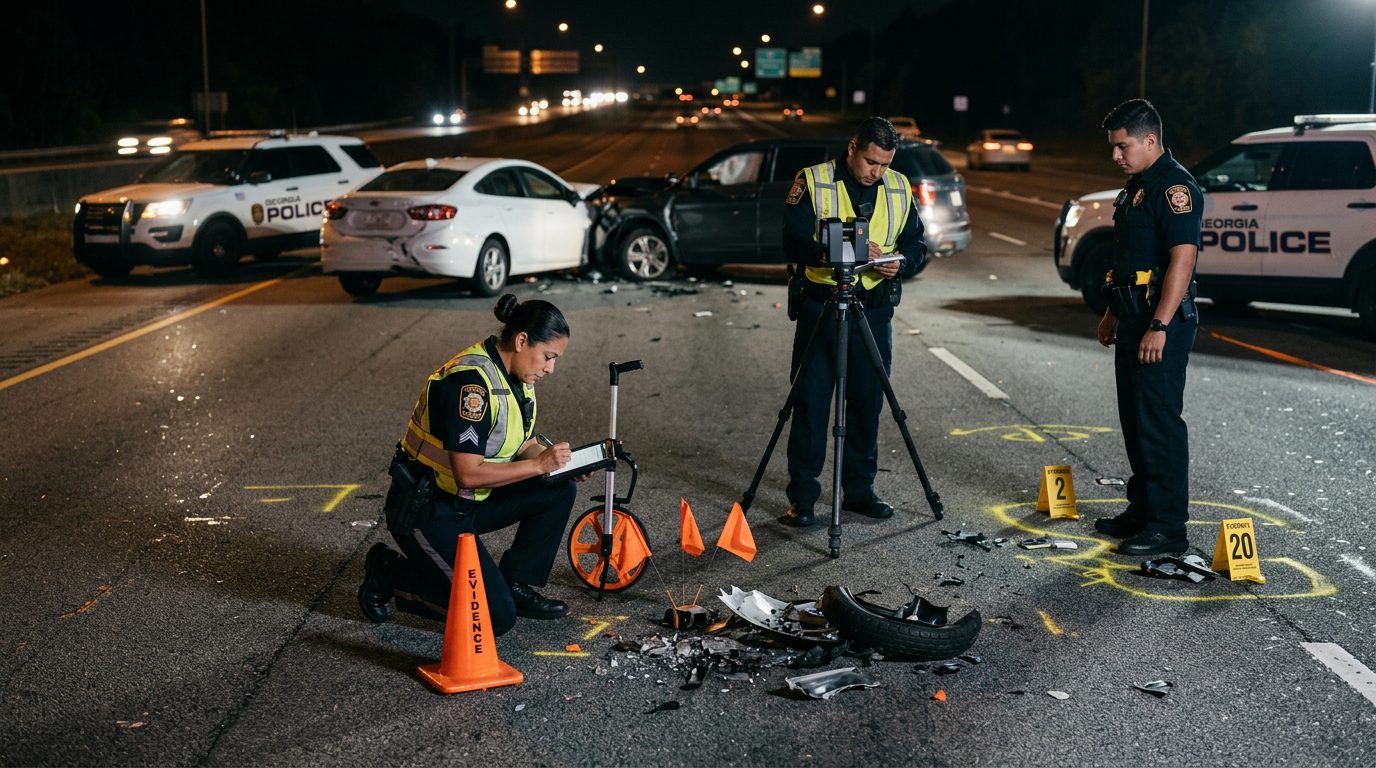 Investigación de accidente vehicular nocturno con oficiales de policía y equipo de reconstrucción.