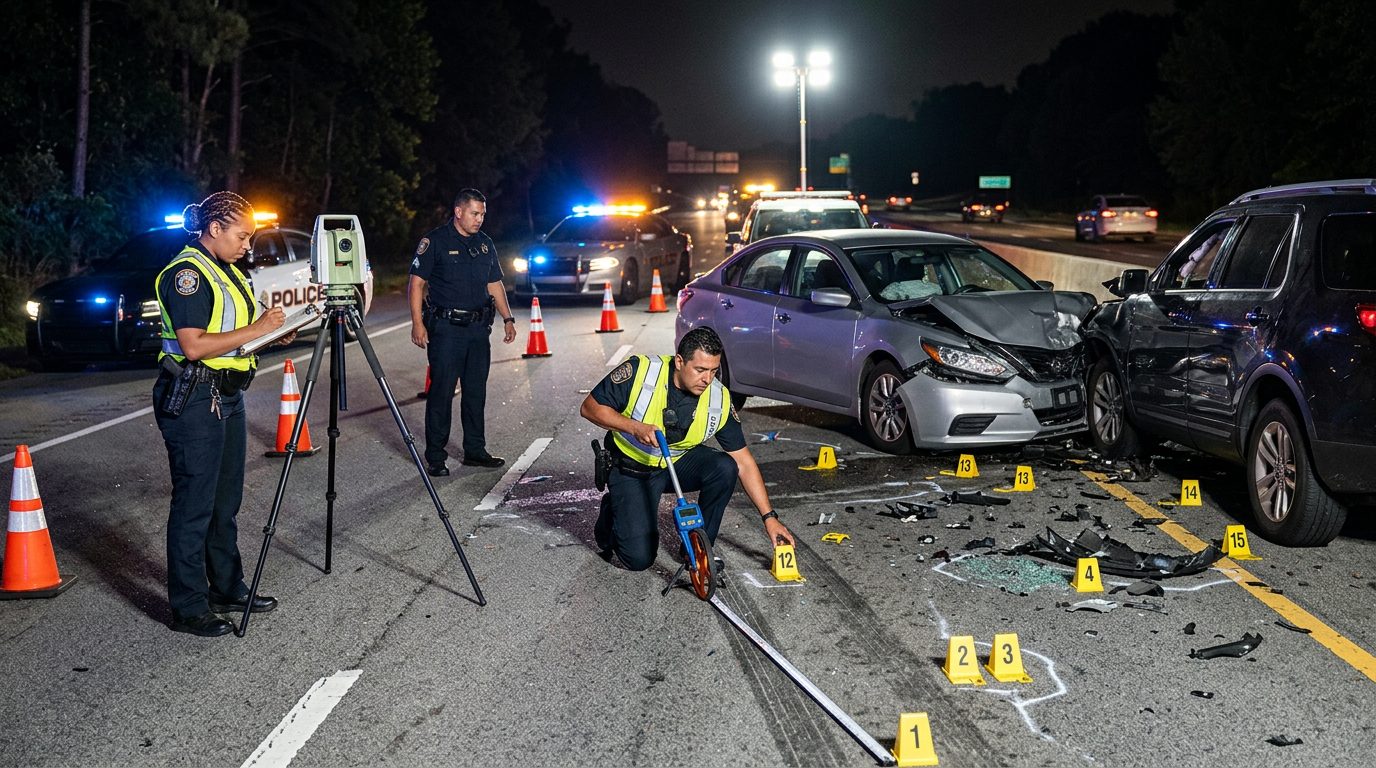 Investigación de accidente vehicular nocturno con oficiales de policía y equipo de reconstrucción.
