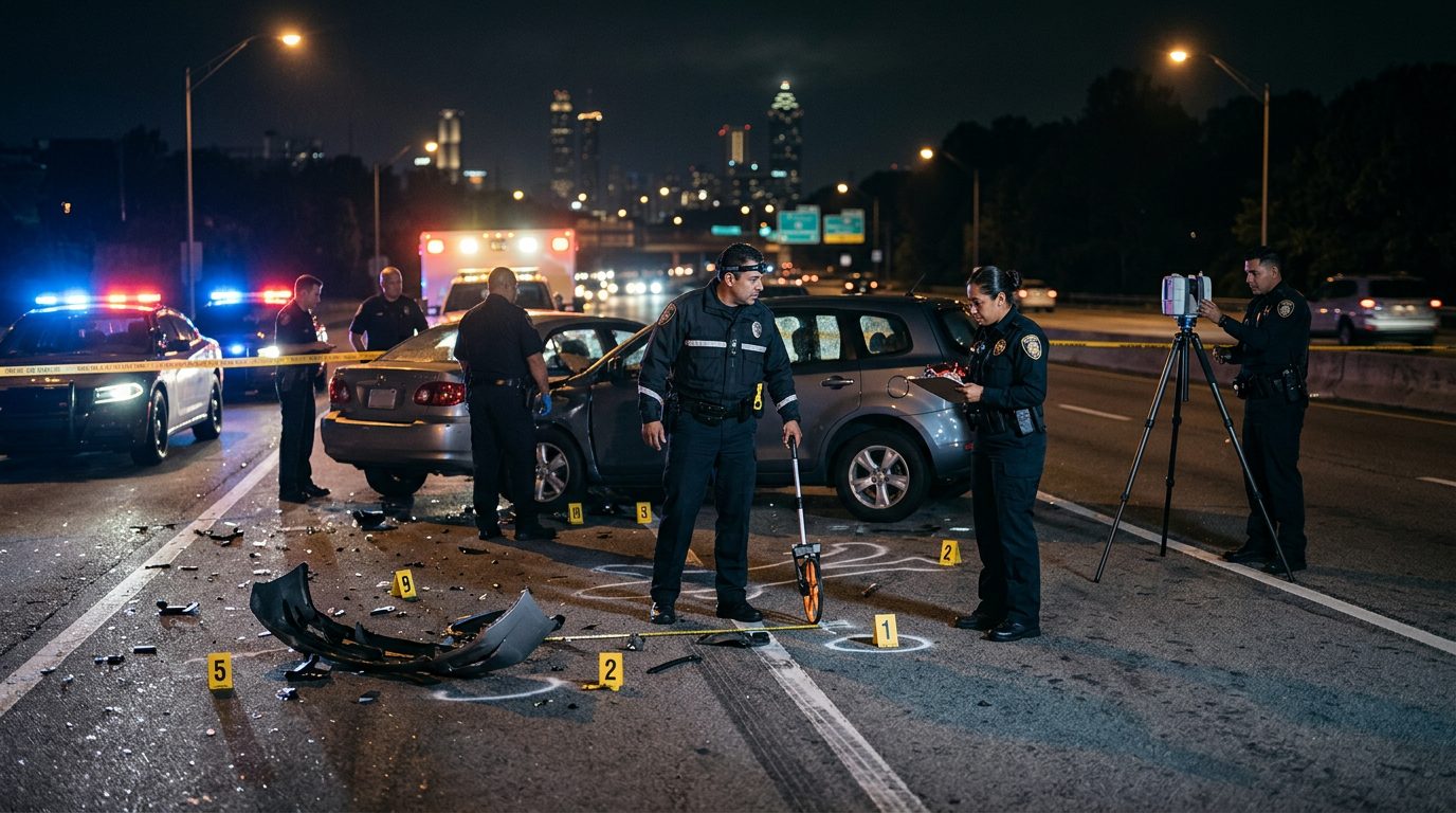 Investigación de accidente vehicular nocturno con oficiales de policía y equipo de reconstrucción.
