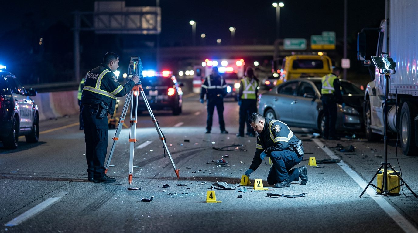 Investigación de accidente vehicular nocturno con oficiales de policía y equipo de reconstrucción.