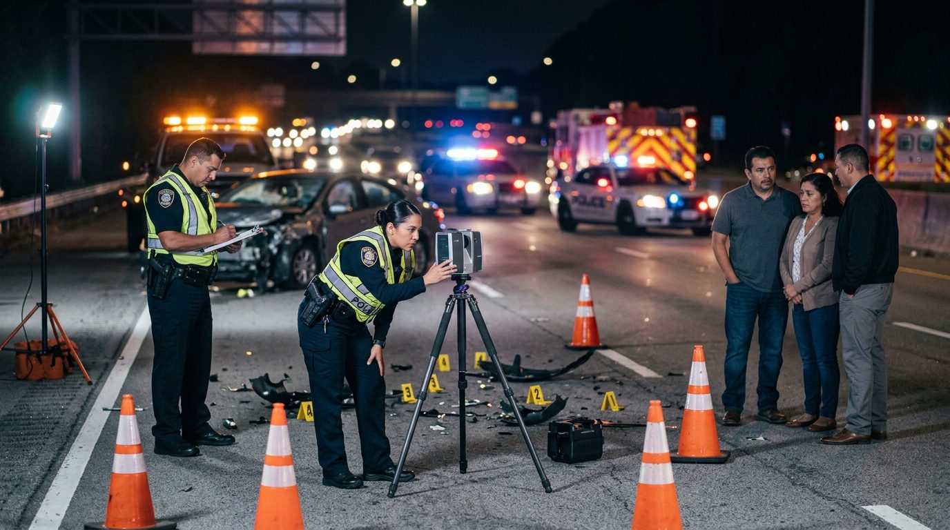 Investigación de accidente vehicular nocturno con oficiales de policía y equipo de reconstrucción.