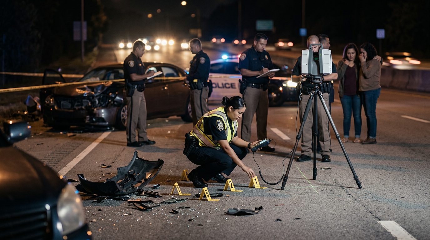 Investigación de accidente vehicular nocturno con oficiales de policía y equipo de reconstrucción.