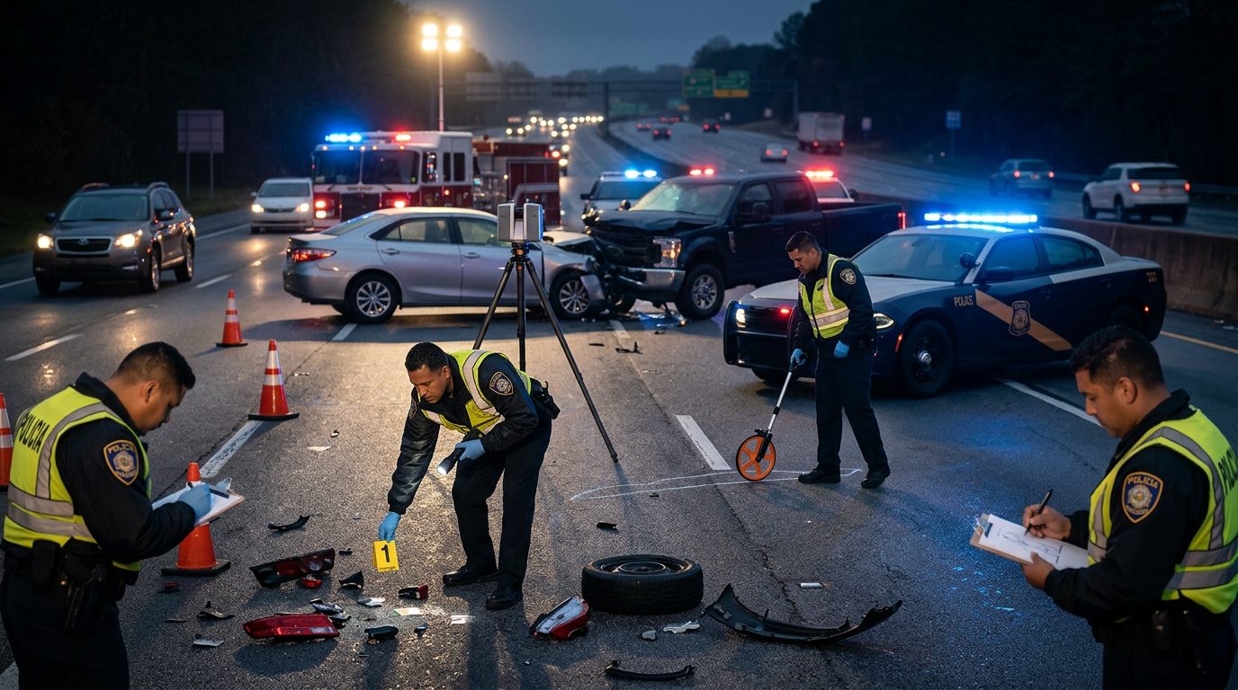 Investigación de accidente vehicular nocturno con oficiales de policía y equipo de reconstrucción.