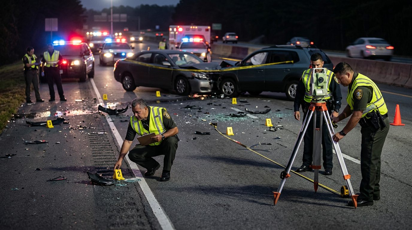 Investigación de accidente vehicular nocturno con oficiales de policía y equipo de reconstrucción.