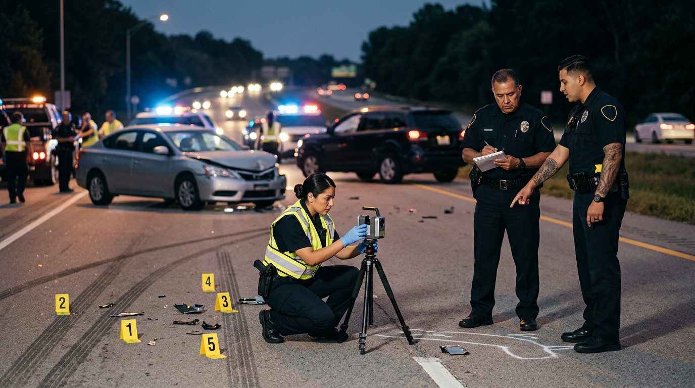 Investigación de accidente vehicular nocturno con oficiales de policía y equipo de reconstrucción.