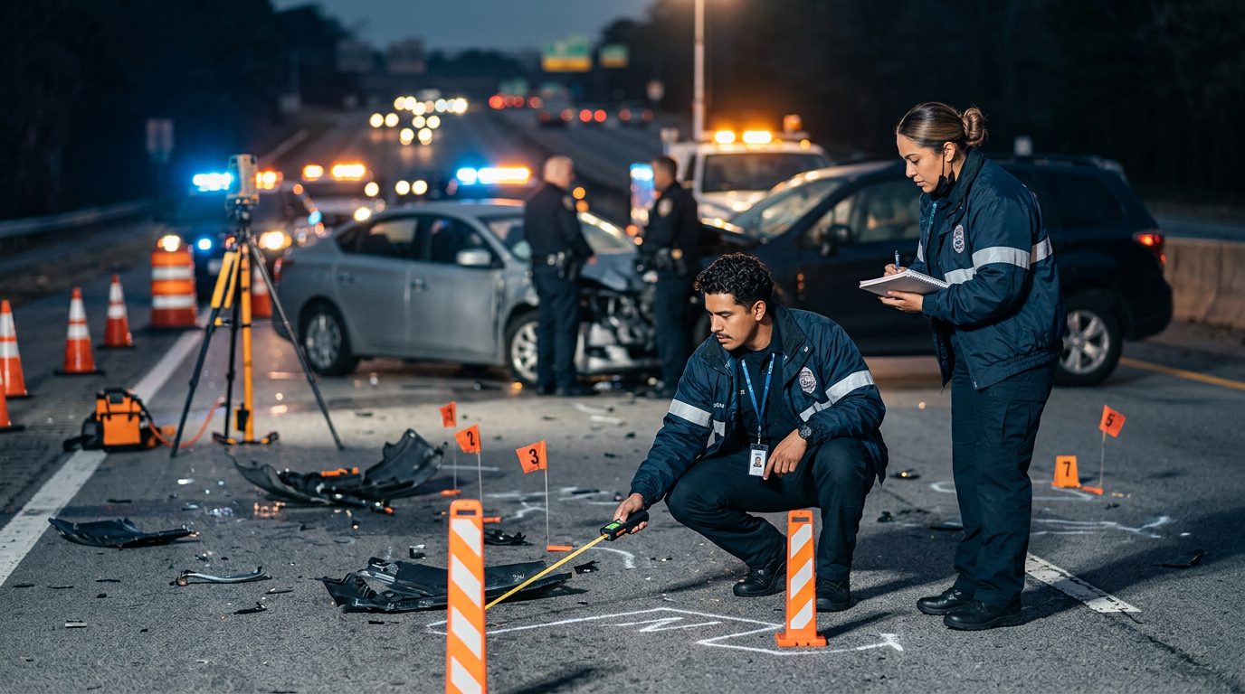 Investigación de accidente vehicular nocturno con oficiales de policía y equipo de reconstrucción.