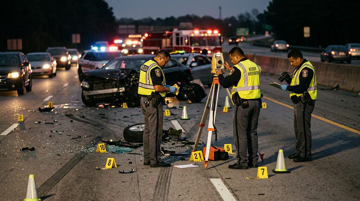 Investigación de accidente vehicular nocturno con oficiales de policía y equipo de reconstrucción.
