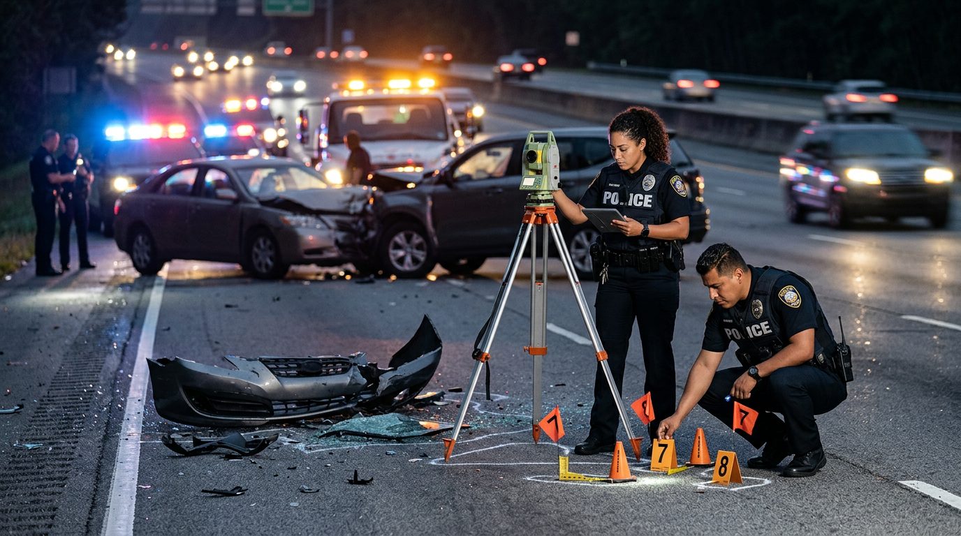 Investigación de accidente vehicular nocturno con oficiales de policía y equipo de reconstrucción.
