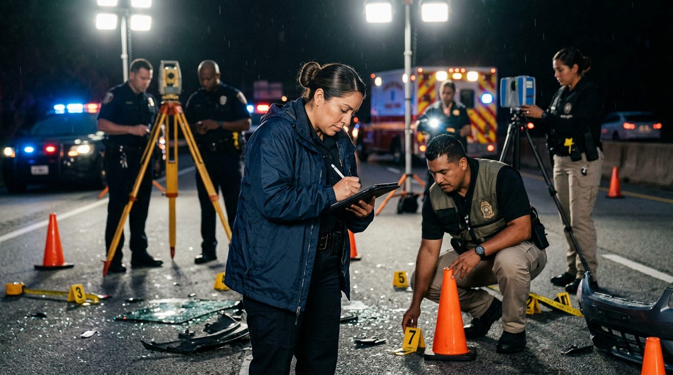 Investigación de accidente vehicular nocturno con oficiales de policía y equipo de reconstrucción.