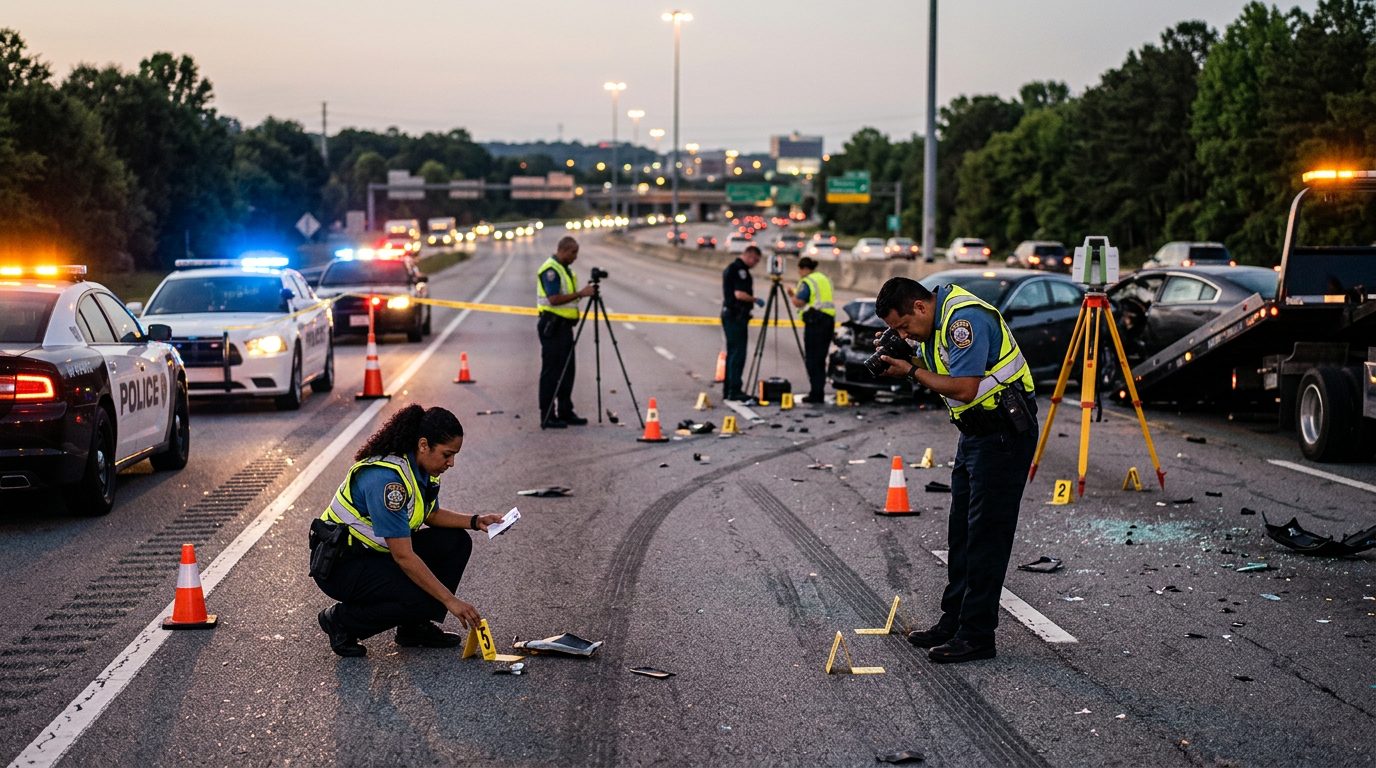 Investigación de accidente vehicular nocturno con oficiales de policía y equipo de reconstrucción.