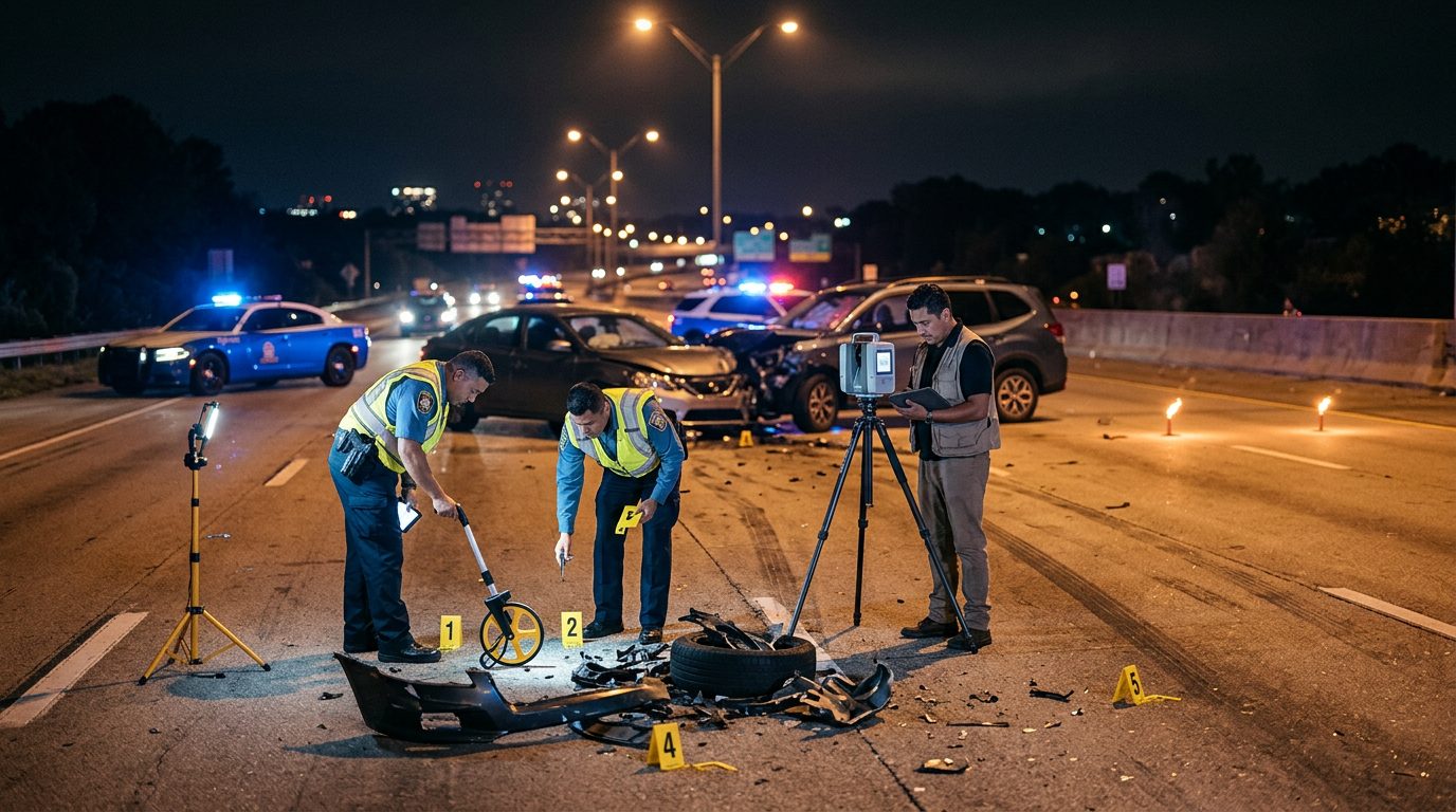 Investigación de accidente vehicular nocturno con oficiales de policía y equipo de reconstrucción.