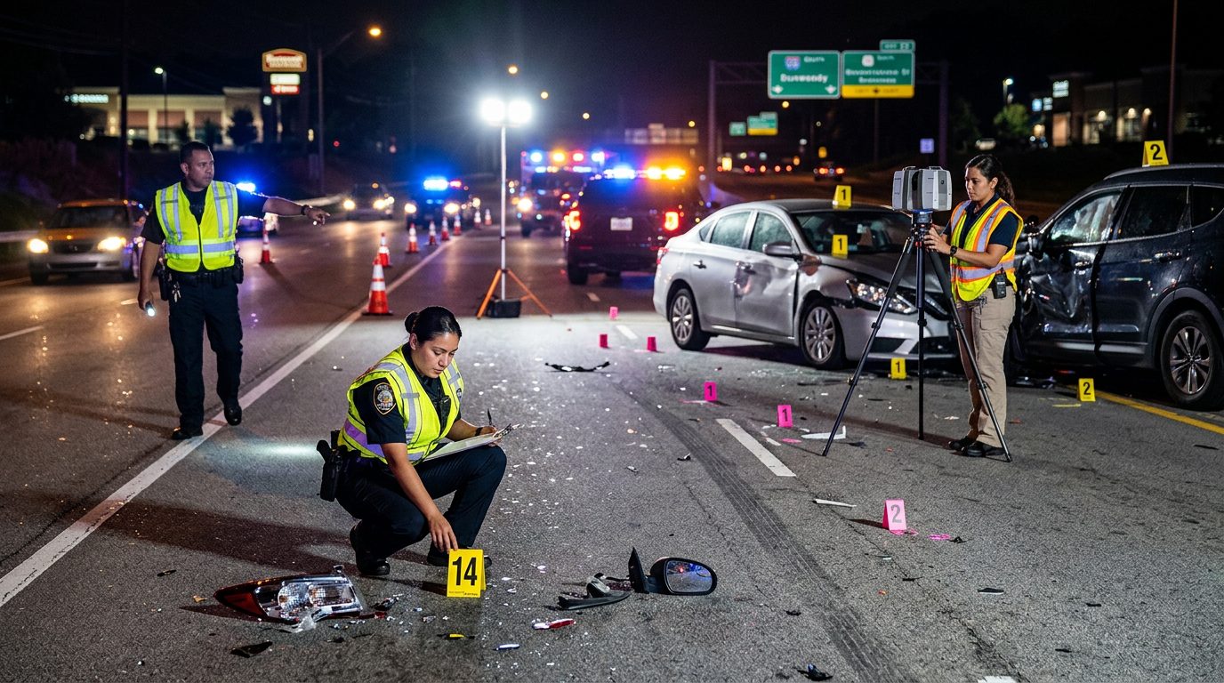 Investigación de accidente vehicular nocturno con oficiales de policía y equipo de reconstrucción.