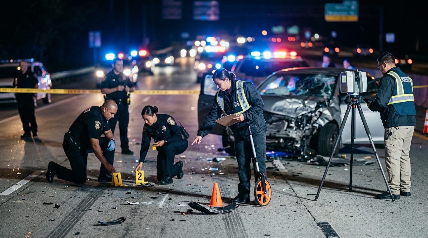 Investigación de accidente vehicular nocturno con oficiales de policía y equipo de reconstrucción.