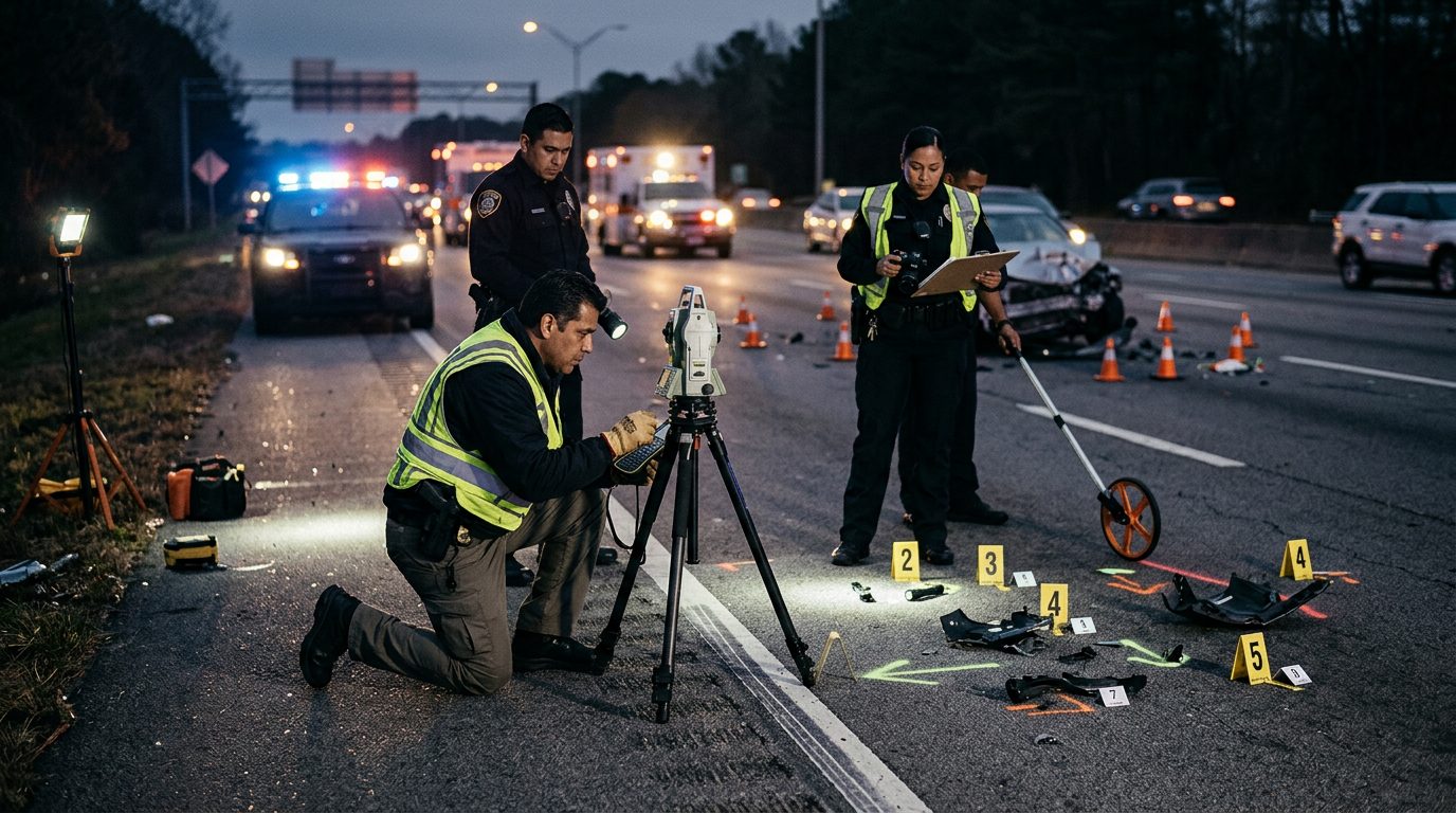 Investigación de accidente vehicular nocturno con oficiales de policía y equipo de reconstrucción.