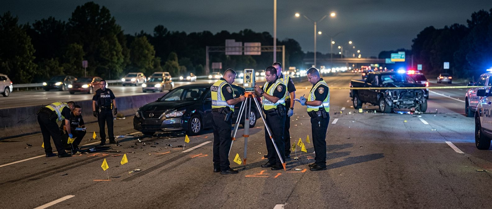 Investigación de accidente vehicular nocturno con oficiales de policía y equipo de reconstrucción.