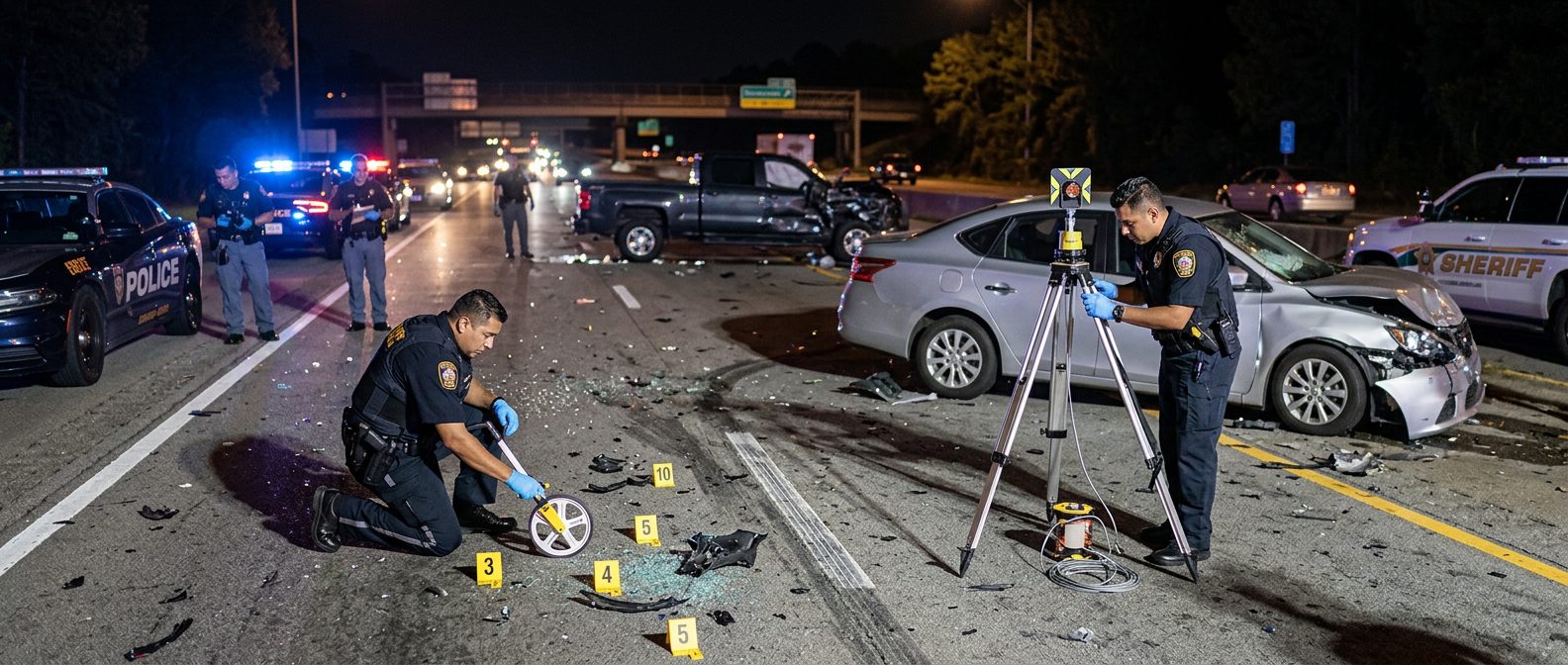Investigación de accidente vehicular nocturno con oficiales de policía y equipo de reconstrucción.