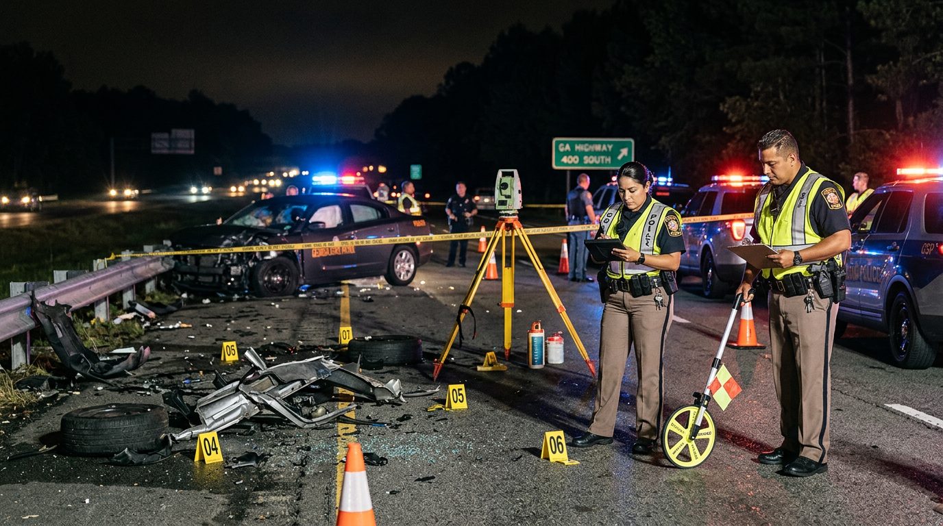 Investigación de accidente vehicular nocturno con oficiales de policía y equipo de reconstrucción.
