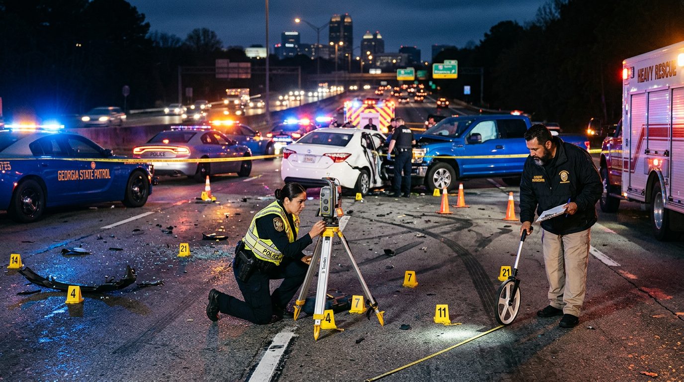 Investigación de accidente vehicular nocturno con oficiales de policía y equipo de reconstrucción.