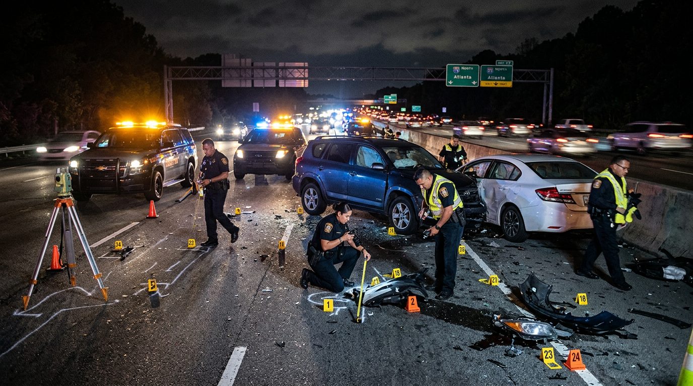 Investigación de accidente vehicular nocturno con oficiales de policía y equipo de reconstrucción.