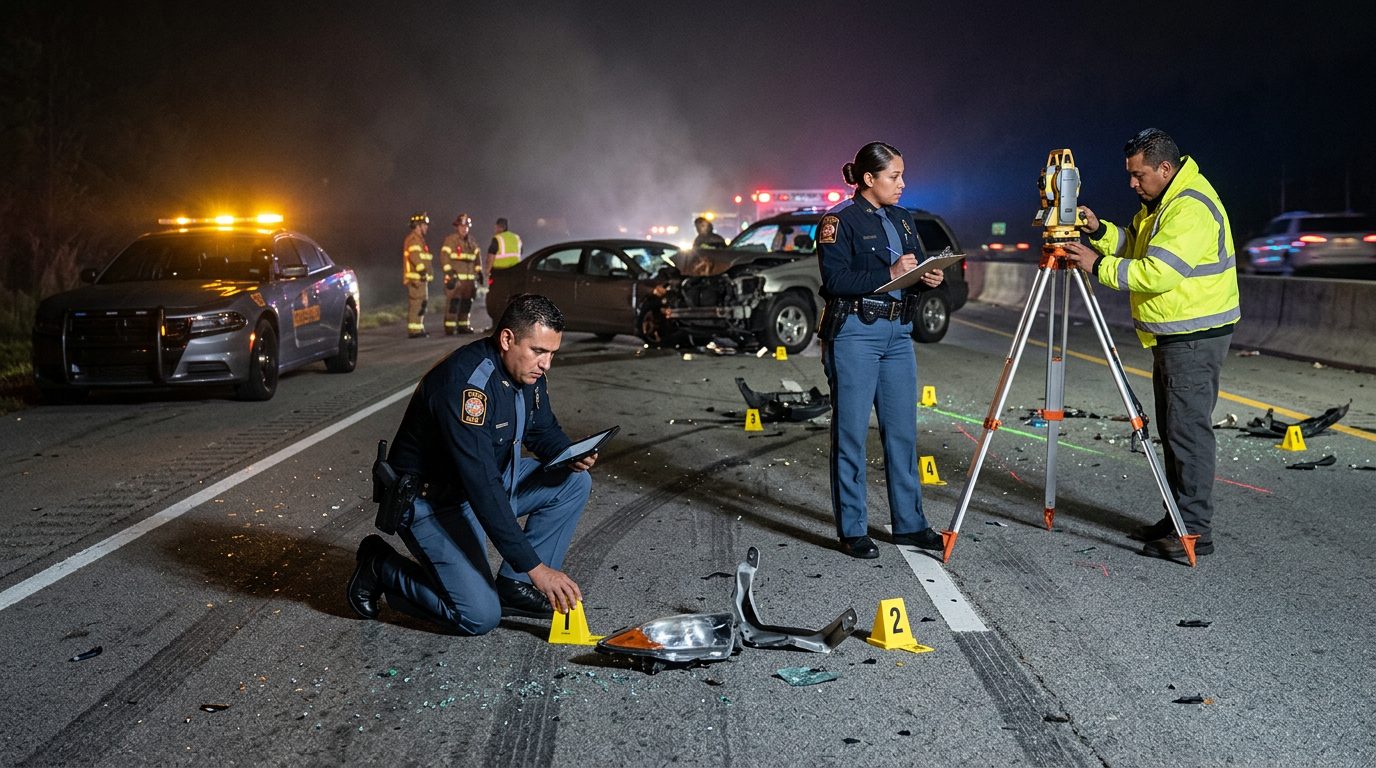 Investigación de accidente vehicular nocturno con oficiales de policía y equipo de reconstrucción.