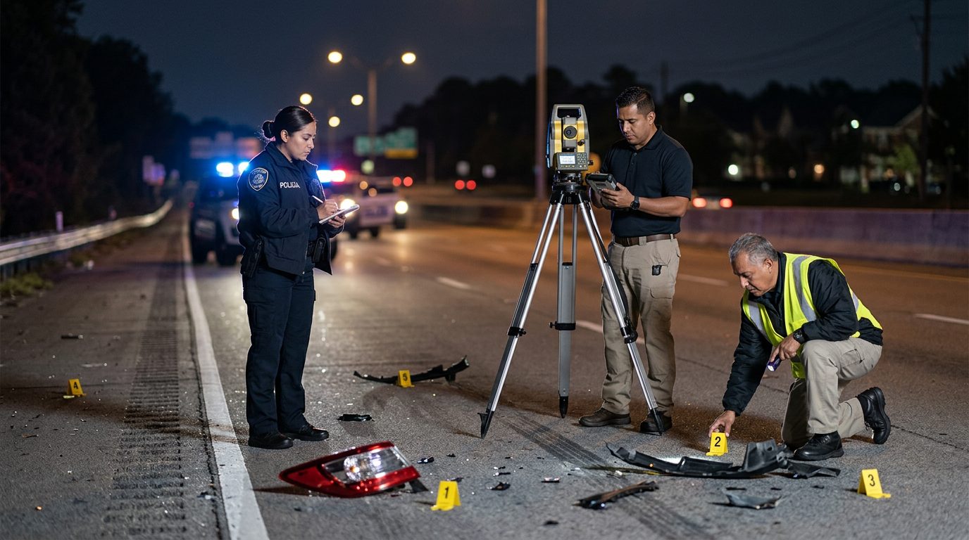 Investigación de accidente vehicular nocturno con oficiales de policía y equipo de reconstrucción.