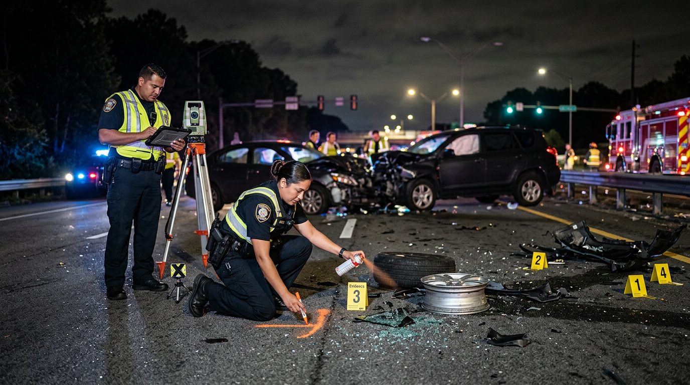 Investigación de accidente vehicular nocturno con oficiales de policía y equipo de reconstrucción.