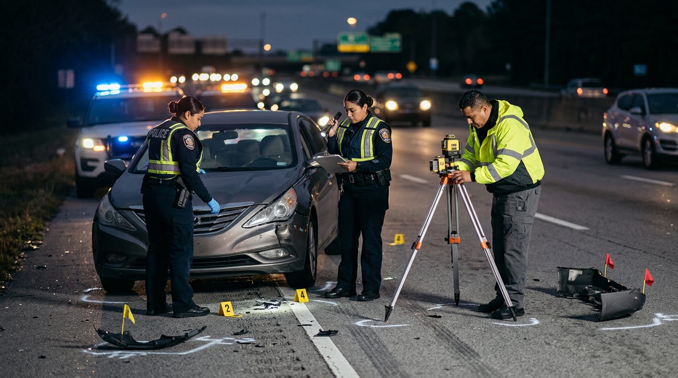 Investigación de accidente vehicular nocturno con oficiales de policía y equipo de reconstrucción.