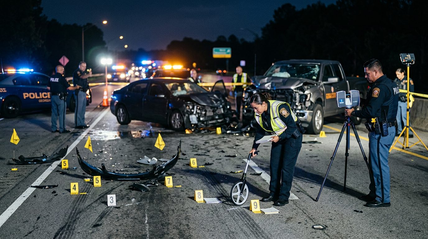 Investigación de accidente vehicular nocturno con oficiales de policía y equipo de reconstrucción.