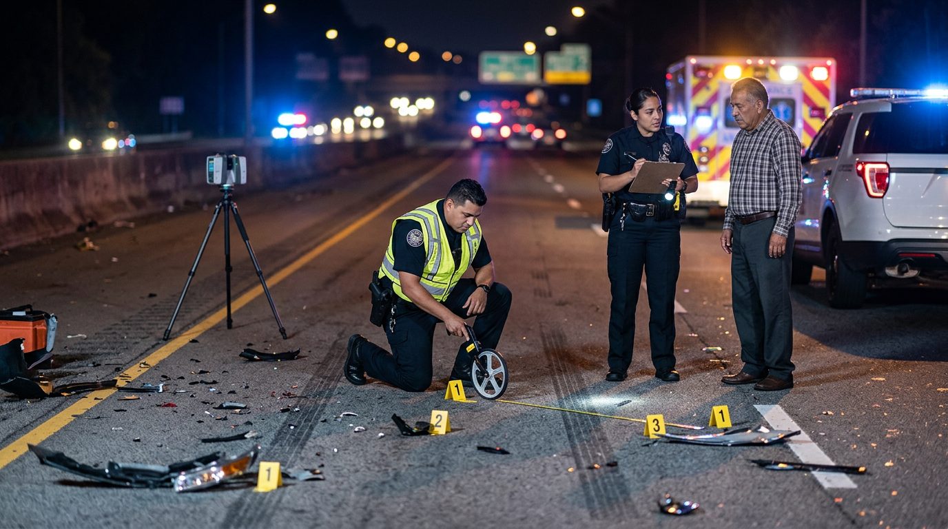 Investigación de accidente vehicular nocturno con oficiales de policía y equipo de reconstrucción.