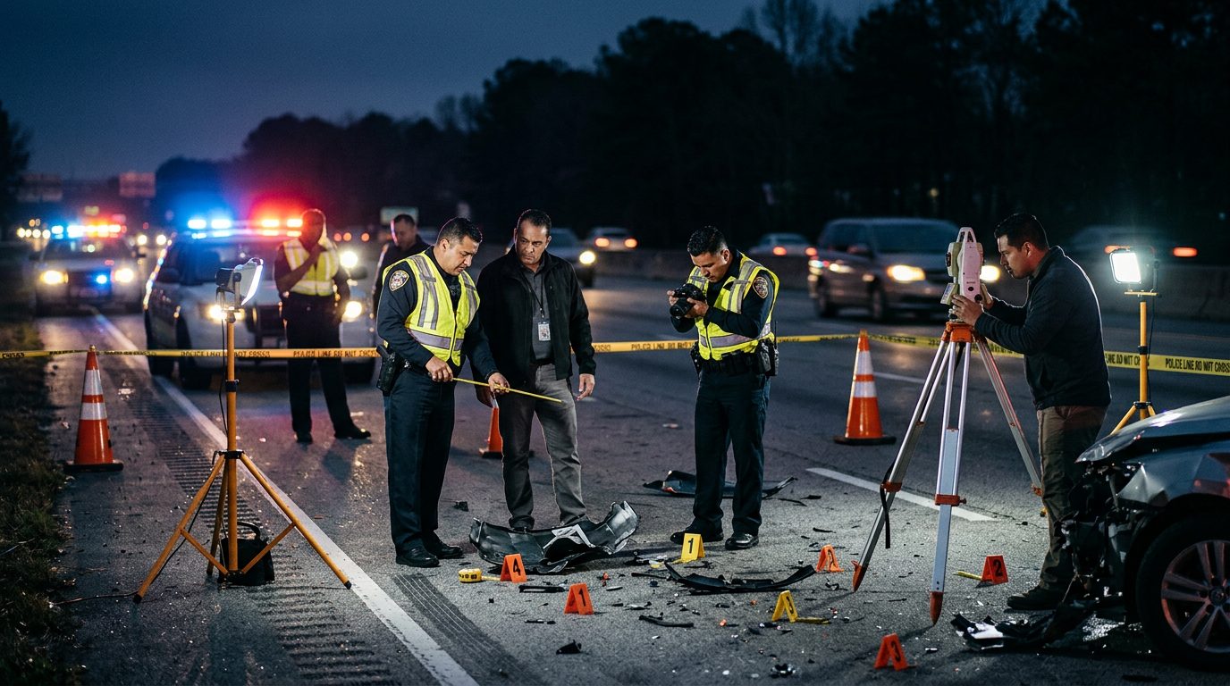 Investigación de accidente vehicular nocturno con oficiales de policía y equipo de reconstrucción.