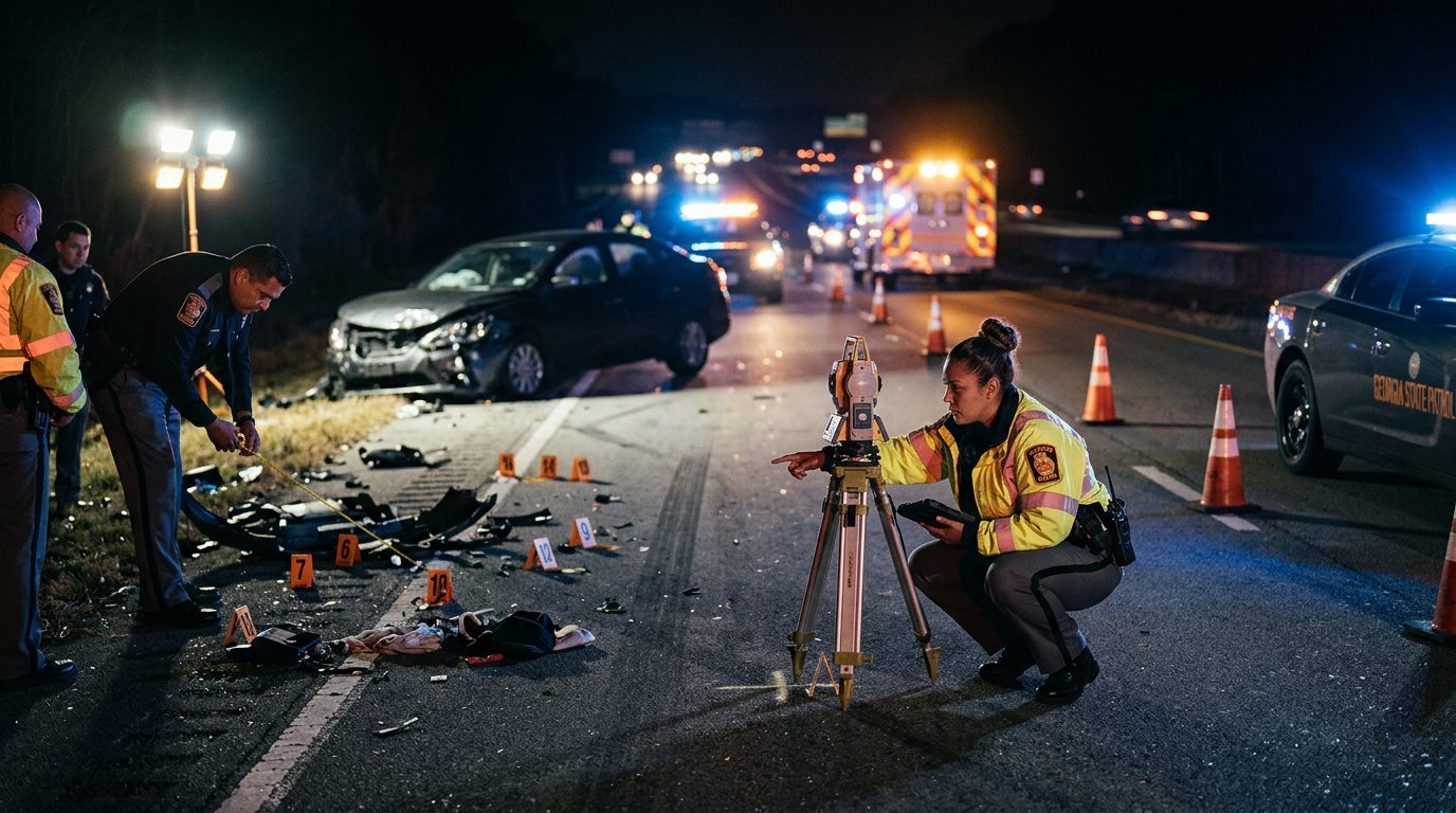 Investigación de accidente vehicular nocturno con oficiales de policía y equipo de reconstrucción.