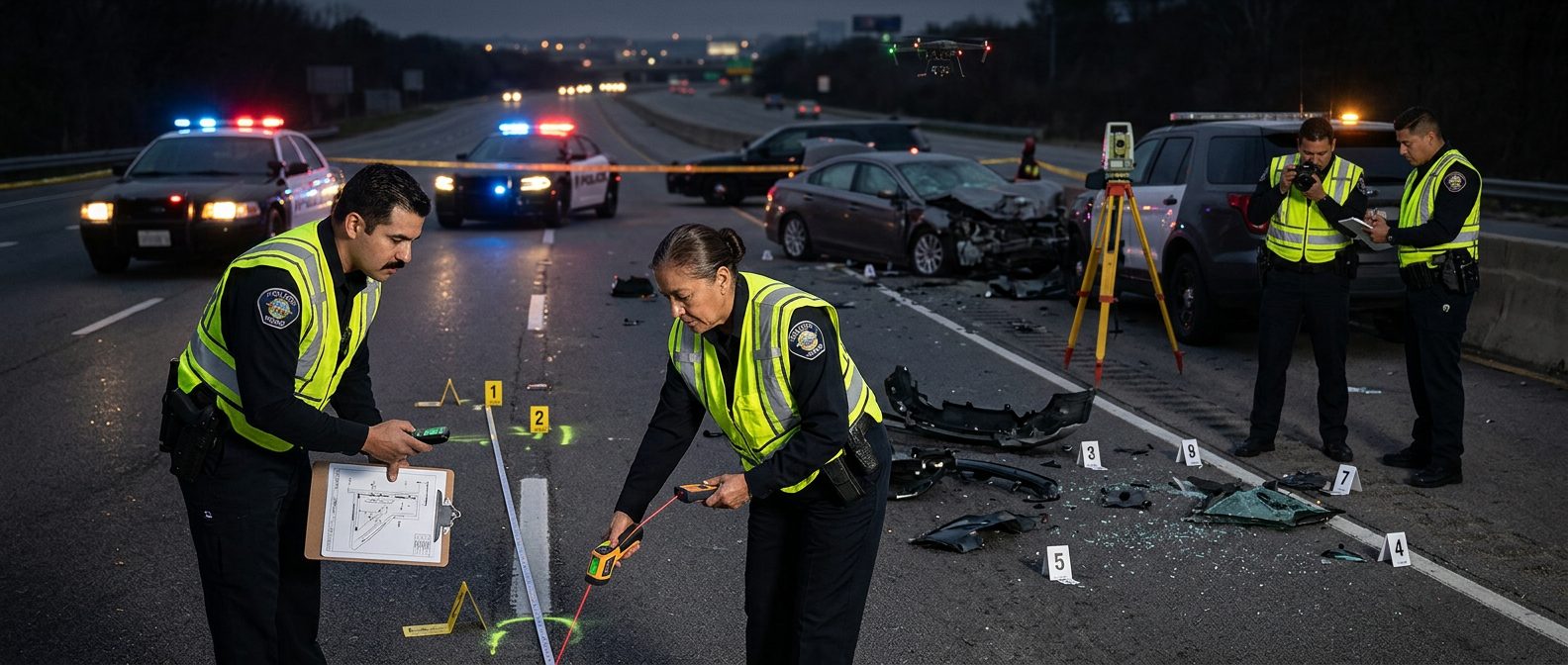 Investigación de accidente vehicular nocturno con oficiales de policía y equipo de reconstrucción.