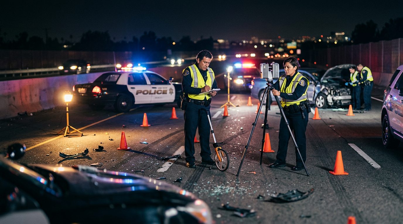 Investigación de accidente vehicular nocturno con oficiales de policía y equipo de reconstrucción.
