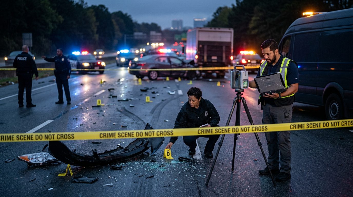 Investigación de accidente vehicular nocturno con oficiales de policía y equipo de reconstrucción.