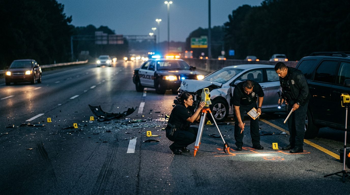 Investigación de accidente vehicular nocturno con oficiales de policía y equipo de reconstrucción.