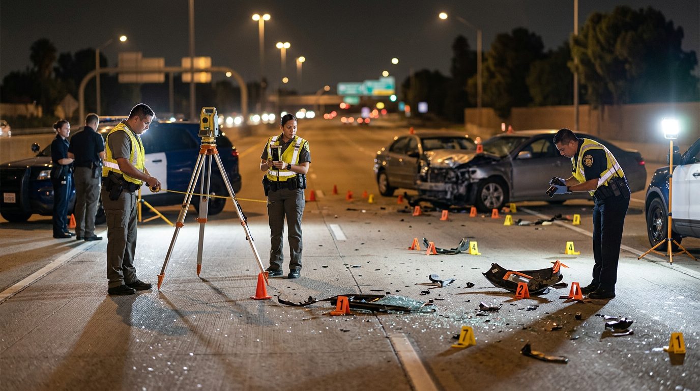 Investigación de accidente vehicular nocturno con oficiales de policía y equipo de reconstrucción.