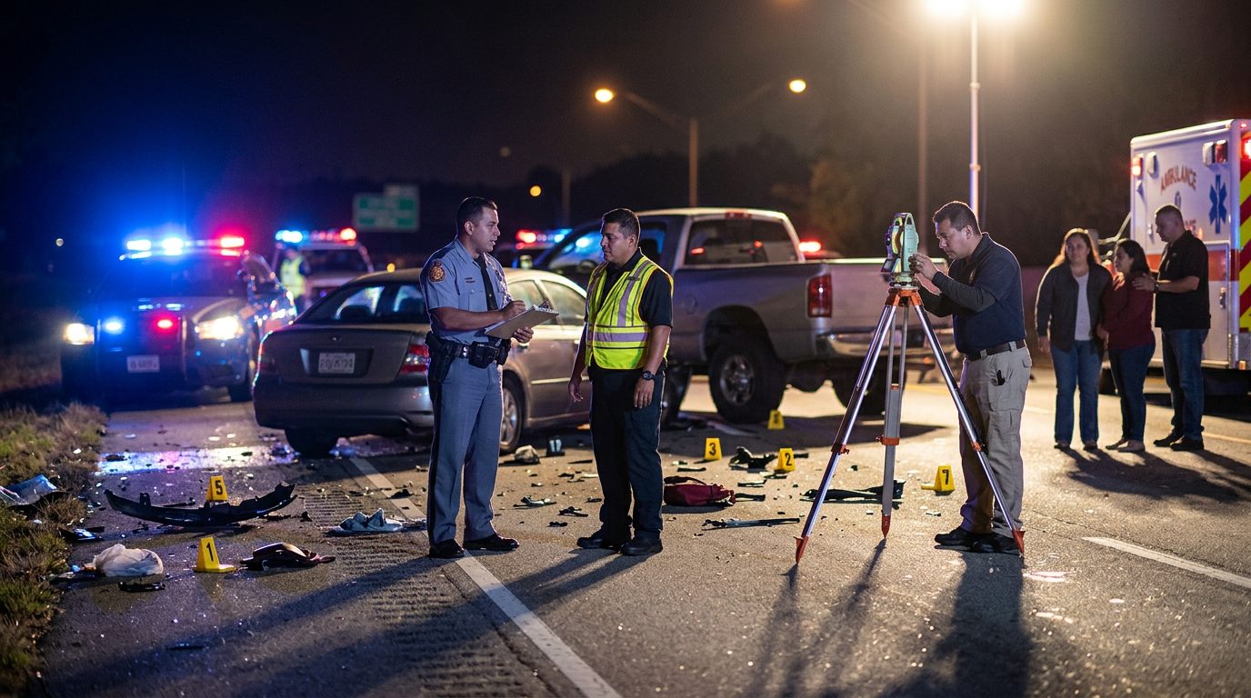 Investigación de accidente vehicular nocturno con oficiales de policía y equipo de reconstrucción.